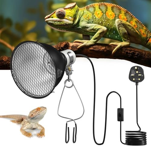 GlowUp E27 Reptile Heat Lamp Holder, 5.5 Inch 200W Reptile Reflector Dome Lamp with Clip and Guard, Heat Lamp Holder for Tortoise, Reptiles-for UVA UVB,Infrared Heat Bulbs (NO Bulb)