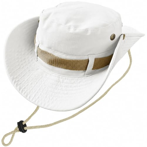 Kugooyi fiskarhattar, utomhus safari-hatt män klassiska bushhattar damer brätte solhatt med hakband vikbara hinkmössor arméstridsstil vandring trädgård jakt camping boonie (vit), Vit, En Storlek