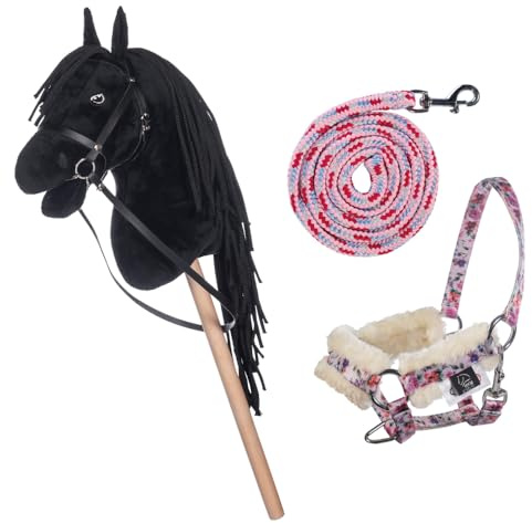 HKM Kids Hobby Horse - Caballo de rapo, color negro, con cabestro y cuerda rosa con diseño de flores, juguete para niños