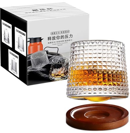 Drehbare Whiskey Gläser, Rotierende Whisky Gläser mit Untersetzern, Altmodisches Tumbler Glas zur Verkostung von Scotch, Bourbon & Cocktails, Geschenke für Männer zum Geburtstag, 160ml, 1 Set