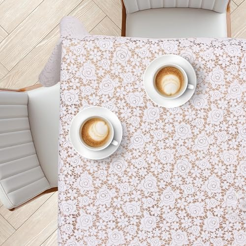 KP HOME Tovaglia Plastificata Rettangolare 200x137cm, Tovaglia Cerata per Tavolo da 6 Posti, Interni ed Esterni, in PVC Facile da Pulire, Impermeabile, Antimacchia, con Motivo Pizzo con Rose Bianche