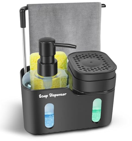 Set doppio di dispenser di sapone per lavello da cucina, dispenser di sapone 4 in 1 per mani e piatti con supporto per spugna, portaspazzole e gancio per strofinacci, design rimovibile e antiscivolo