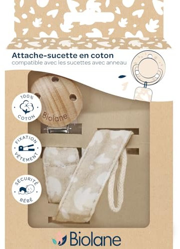 BIOLANE - Attache tétine bébé - Pour tétine ronde - Tissu 100% coton - Beige - Fixation cordon - Clip en bois et métal - Double Sécurité & Anti-glisse