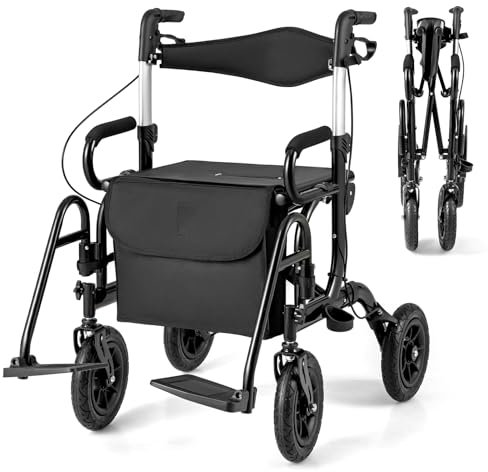 COSTWAY Déambulateur Tout-Terrain à 4 Roues avec Siège, Combiné Déambulateur et Fauteuil Roulant 2-en-1 avec Pneus Pneumatiques de 23 cm Hauteur Réglable, Rollator Charge 140KG (Noir)