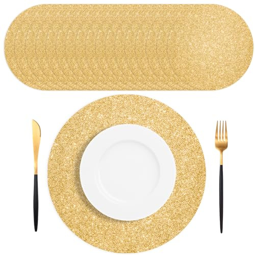 SMUAENSS 100 PCS Gold Placemats Disposable, Round Sparkle Table Place Mats, 13.5 Inch Shiny Golden Place Mats, for Birthday Wedding Holiday Party Home Dining Tableware