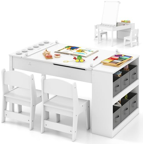 COSTWAY Kids Art Table and Chair Set(White,6 Cups:109x60x55cm) | Wooden Toddler Activity Table with 2-Tier Open Shelf, Storage Bins, Paper Roll, Children Furniture for Drawing