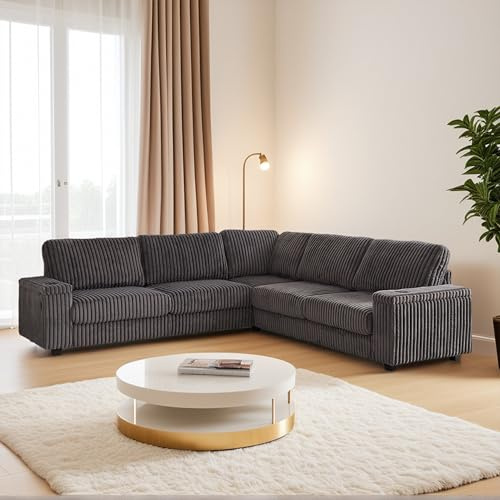 110 Oversized Corduroy Corner Sofa, L-Shaped Corner Couch with Two Storage Spaces, USB Port & Type-C Port and Cup-Holder, Deep Seat Comfy Upholstered Couches for Living Room (Grey)