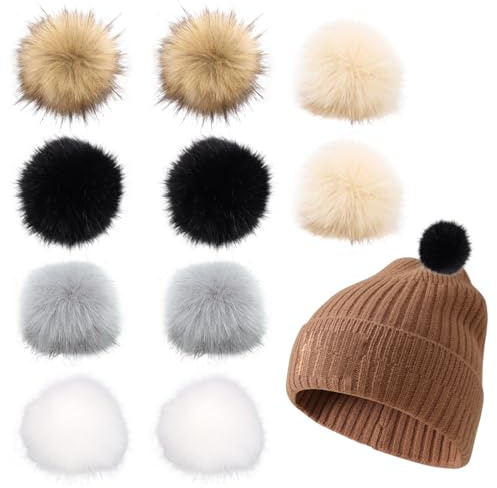 DOKRIN Pompon artigianali 10 pompon finti per cappelli, pompon sintetici da 10 cm, pompon finti di volpe, con cordino elastico, accessori fai da te