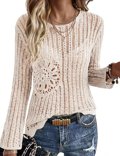 Ekouaer Womens Crochet Cover up Top Hollow Out Floral Beach Cover ups 2026 Summer Sweater Vacation Cruise Outfits Beige,Medium
