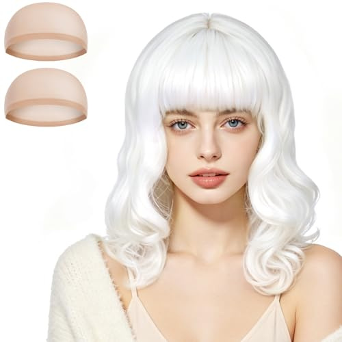 Aomig vågig peruk dam, 2 st peruk med lugg, peruker hårstycken syntetisk neonperuk kvinnor peruk med hårnät för halloween cosplay party karneval nattklubb dans