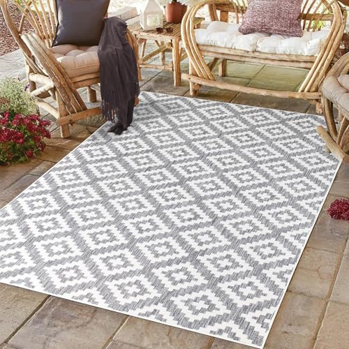 payé Outdoor Teppich Wetterfest - 120x170cm - Grau Weiß - Raute Gitter - Teppiche für Terrasse Balkon Garten Indoor