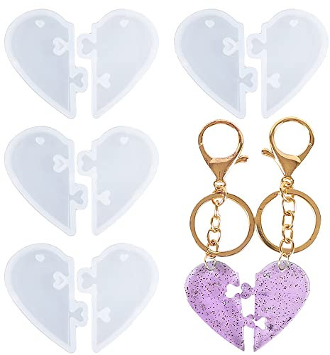 Weenkeey 4 pares moldes resina corazón para parejas llaveros en forma corazón molde silicona dividido para joyas molde fundición corazón amor molde epoxi para manualidades colgantes