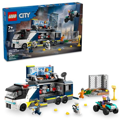 LEGO City Police Mobile Crime Lab Truck Toy, Pretend Play Police Toy, Includes Quad Bike, 2 Officers, 1 Scientist and 2 Crook Minifigures, Police Truck for Kids Ages 7 Plus, 60418