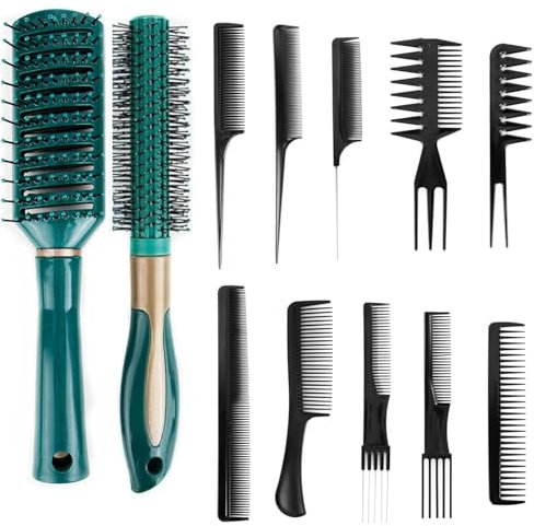 Styling Kamm und Bürstenset, 12 Stück Multifunktionaler Männer Styling Set, Haarkamm, Rundbürste, Kamm Grobzinkig für Föhnen, Glätten, Entwirren Männer und Frauen