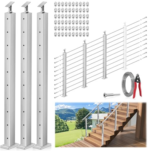 Gyykzz 36 One-Stop Stair Cable Railing Post Kits, 33° Drilled 3Pack Brushed Finish Stair Post, Adjustable Top Railing System Including 3 Railing Posts, 121ft Cable, 10 Sets Terminal, 60 Cable Sleeves