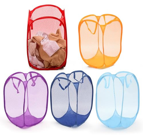 LIFEDYLUK 5 Pack Wäschekörbe Faltbar, Pop Up Laundry Basket Blau, Gelb, Rot, Lila, Grün, Mesh Aufbewahrung Pop-up, Wäschekorb Faltbarer für Die Aufbewahrung von Kleidung, Spielzeug, 50 x 30 x 30 cm