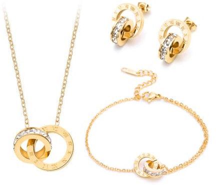 XIWCAFC SchmuckSet Silber Damen Doppelring Halskette Ohrringe Armband Schmuck sets Rosegold Zirkonia Kette Brautschmuck für Frau Freundin Mutter Tochter Geschenk (Gold)