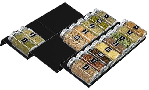 Organizador de especias Lifewit ajustable de plástico para cajones, organizador de 24 frascos de condimentos para almacenamiento en la cocina, encimera, gabinete, estante, 3 niveles, juego de 6, negro