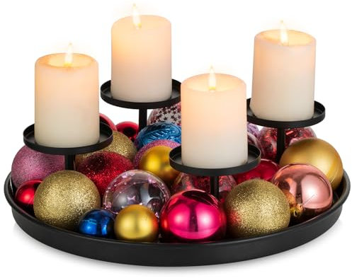 Sziqiqi Portavelas Corona Adviento Negro, Bandeja de Metal para Velas de Adviento Soporte para 4 Velas Columna Moderno Portavelas de Adviento Bandeja Decorativa Redonda para Decoración Mesa Navideña