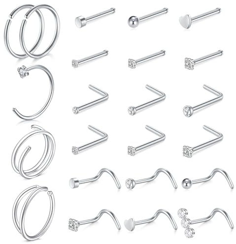 LAURITAMI Piercing Näsa Rostfritt Stål Kirurgiskt Set, Näsa Piercing Cirkel, L Rak Spiral Form Piercing Näsa Stud för Kvinnor Män 20G Silver Cubic Zirconia