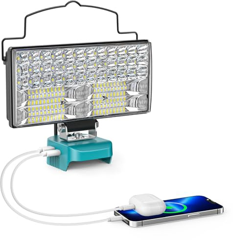 LIVOWALNY Lampe LED Rechargeable Compatible avec Makita 18V Batterie, 60W Projecteur LED Chantier à Double Interrupteur avec Type C/USB Lampe de Travail Pour Camping, Chantier(Outils Uniquement)