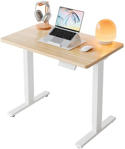 HUANUO 80cm Small Electric Standing Desk Adjustable Height, 4 Memory Height Settings, Sit Stand Up Desk for Home Office & Computer Workstation,Light Walnut