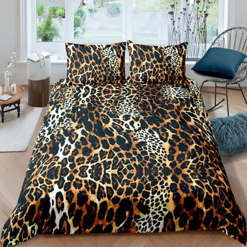 Lunoroey Leopard Duvet Cover Set Double Size Leopard Bedding 3D Printed Quilt Cover Soft Breathable Easy Care Bedding Set