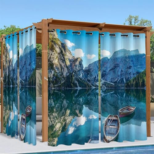 Syhi Qlty Outdoor Vorhang 2er Set Wetterfest – Sichtschutzvorhang mit Ösen für Terrasse, Pavillon, Garten Berge, Flüsse und Seen – 2 Stück 132 x 213 cm, Landschaftsmuster Q31