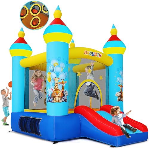 Château Gonflable pour Enfants avec Toboggan, Souffleur, Parc Zoologique Bleu, Château Gonflable pour Enfants avec Souffleur Et Tir De Balles, Maison Gonflable Intérieure/Extérieure