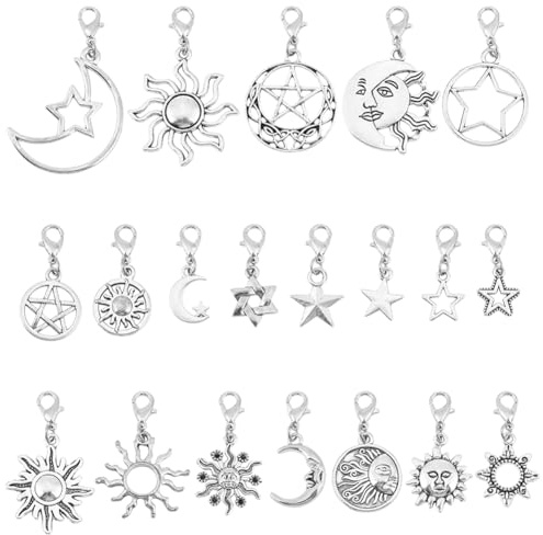 GOMAKERER 40 Pcs 20 Styles Star Zipper Pull Charm, Moon Sun Alloy Zipper Pendant Star Clip on Charm Decoration for Luggage Backpacks