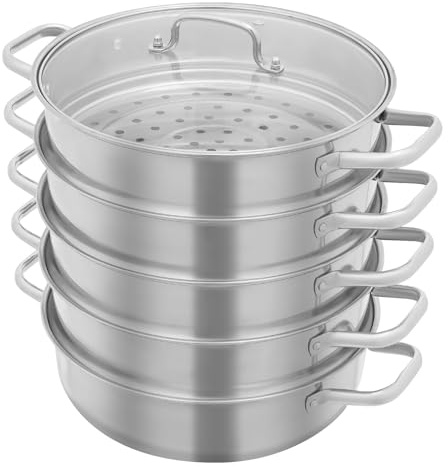 Donened - Ångkokare, ångkokare, kastrull i rostfritt stål med glaslock och 4 ånggaller, ångkokare induktion, för gasspisar, induktionshällar, elektriska spisar (silver 30 cm)