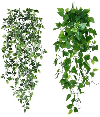 YgonziRuvc 2 Pack Hanging Plant Wall Decor, Artificial Hanging Plants for Indoor Spaces, Lifelike Fake Plants Featuring Datura and Pothos Leaves for Home and Office Decoration