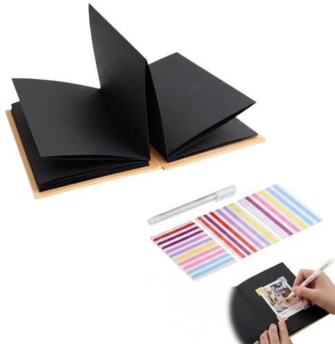 Album Fotos para Pegar y Escribir, Scrapbook de Acordeón con Hojas Negras 18x12cm, Kit DIY con Rotulador Blanco y Esquinas Adhesivas, Cuaderno Negro Hojas Negras, Cuaderno Negro para Fotos y Recuerdos