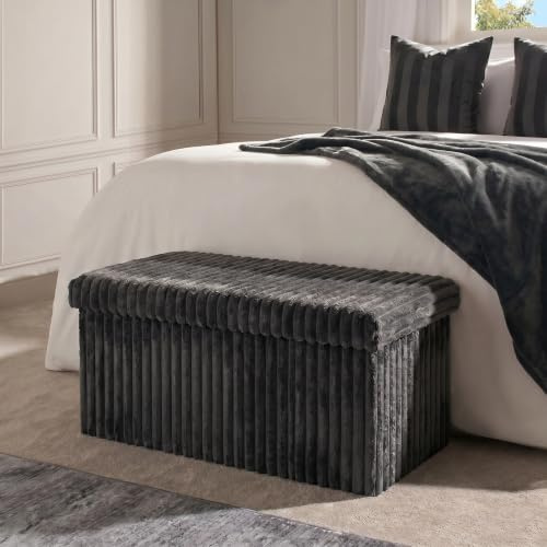 OHS Storage Ottoman Bench Ribbed Folding Blanket Box with Lid, Charcoal