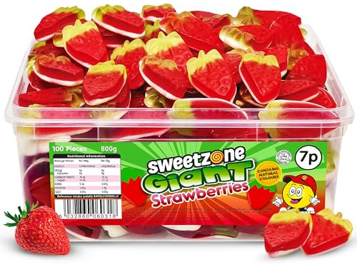 Sweetzone Giant Strawberry Gummies 800g 100pcs | Giant strawberry gummy sweets, Halal soft fruit chews, bulk tub 100pcs, party pick and mix, retro candy for all ages