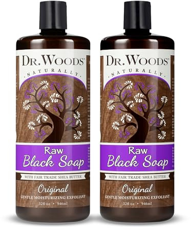 Dr. Woods Raw African Liquid Black Soap - Body Wash for Men and Women, Contains Organic Shea Butter, Gentle Exfoliant, Natural Cleanser for Face, Hands, and Body - 32 Fl Oz, Pack of 2