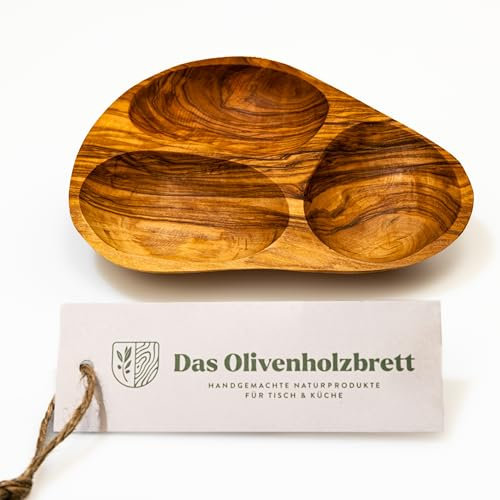 das Olivenholzbrett® / Olivenholz-Schale mit 3 Fächern/Tapasschale Olivenholz/Knabberschale Olivenholz/Holz /18-22cm