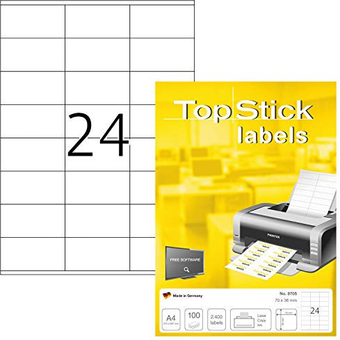 TopStick 8705 Adressetiketten, 100 Blatt, 70 x 36 mm, 24 pro A4 Bogen, 2400 Stück, selbstklebend, bedruckbar, matt, blanko Papier Adressaufkleber Etiketten, weiß