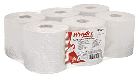 WypAll L10 Food & Hygiene Wiping Paper 7490 - Centrefeed Roll for Roll Control and ReachPlus Dispensers - 6 Wiper Rolls x 630 White Paper Wipers (3,780 Total)