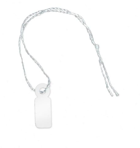 POKORNYS - 100 blanko Preisetiketten mit Faden (7 x 19 mm) weiß I Etiketten zum Beschriften I Preisschilder aus Karton mit Baumwollfaden I Anhänger, Hängeetikett & Geschenkanhänger für Kleidung uvm.
