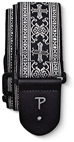 Perri’s Leathers Jacquard Guitar Straps - Adjustable Length 39 to 58, Genuine Leather Ends, Silver Cross Design, Electric, Bass, Acoustic Guitar Strap - Metallic Silver