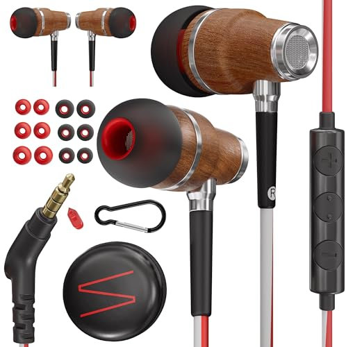 Symphonized® Auriculares con Cable y Microfono, Bajos 8mm con Madera de Bubinga Sonido 3D, Auriculares Cancelacion Ruido Activa Premium, Cable Jack 3.5 mm, Control Volumen Movil, Pc y Tablet. NRG