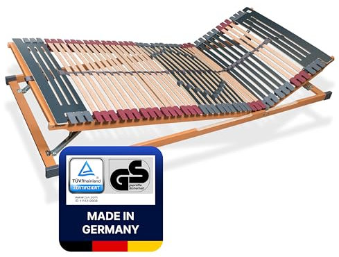 7 Zonen Lattenrost Rhodos® KF, Kopf- und Fußteil verstellbar, 44 Leisten, Triokautschukkappen, Querholme BUCHE massiv, Mittelgurt, fertig montiert, TÜV/GS Gesichert Geprüft ID 1111212908, 100 x 220 cm