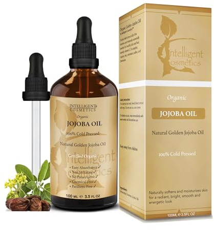 Jojoba Oil Certified Organic - 100% Cold Pressed - Vegan, Extra Virgin, Pure, Unrefined - Face Skin Body Hair Oil for Sensitive & Acne Prone Skin - Glass Bottle with Pipette