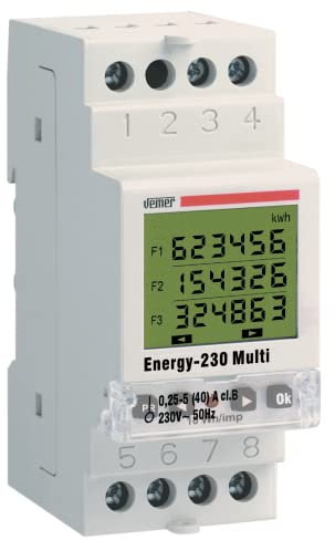 VEMER VE429700 ENERGY-230 MULTI - Contatore Energia Elettrica Attiva per Sistemi Monofase, Misuratore Consumo Elettrico con Display LCD con i Consumi a Fasce Orarie, Installazione Barra DIN, Bianco