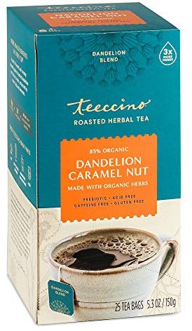 Teeccino Dandelion Caramel Nut Herbal Tea - Caffeine Free, Roasted with Prebiotics, 3x More Herbs than Regular Tea Bags, Gluten Free - 25 Bags