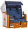 MR. DEKO® Strandkorb Ostsee Volllieger 2-Sitzer | PE Geflecht Weiß Bezug Uni blau | inkl. 4 Kissen & Klapptisch | Strandstuhl verstellbar | Strandkörbe aus Hartholz mit Fußablage (Dessin Uni Blau)