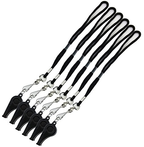 yueton Plastic Coach Whistles with Wrist Strap, Emergency Whistles with Short Lanyard, Pack of 6 (Black)