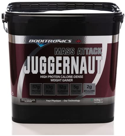 Boditronics Mass Attack Juggernaut Powder for Weight Gainer Powder, All in One Muscle Mass Gainer, High Protein Powder for Men & Women, 5g Creatine, BCAA, Glutamine & Beta Alanine (Rich Chocolates)