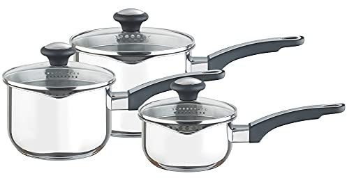 Prestige Stainless Steel Saucepan Set 14, 16 & 18cm - Induction Suitable Saucepan Set with Glass Straining Lids and Pouring Lips, Dishwasher Safe, Oven Safe, Durable Cookware